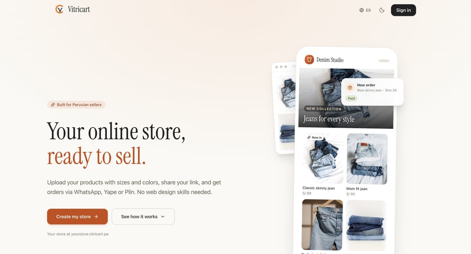 Vitricart home page showing a sample store on a phone